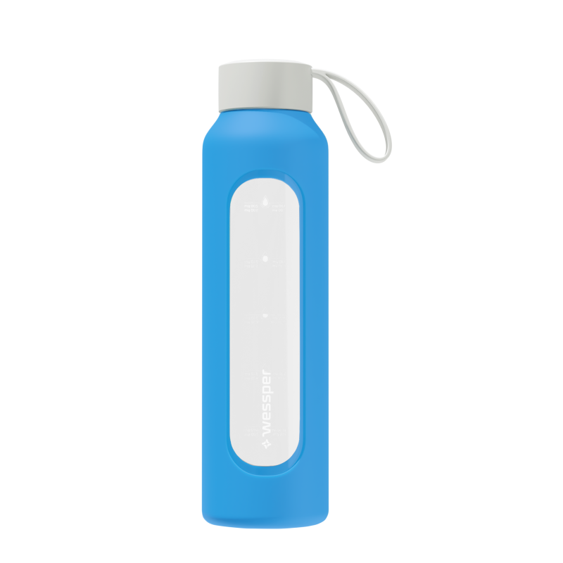 Szklana butelka na wodę 0,5 l Wessper B1 Borosilicate Ocean – szczelna, bez BPA, z miarką