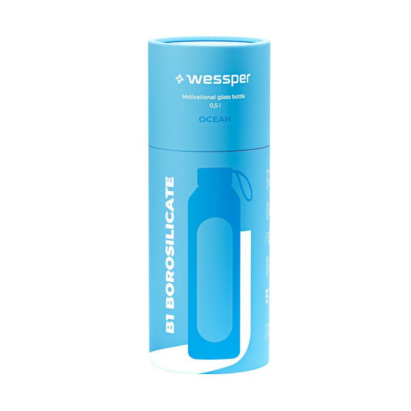 Szklana butelka na wodę 0,5 l Wessper B1 Borosilicate Ocean – szczelna, bez BPA, z miarką Szklana butelka na wodę 0,5 l Wessper B1 Borosilicate Ocean – szczelna, bez BPA, z miarką