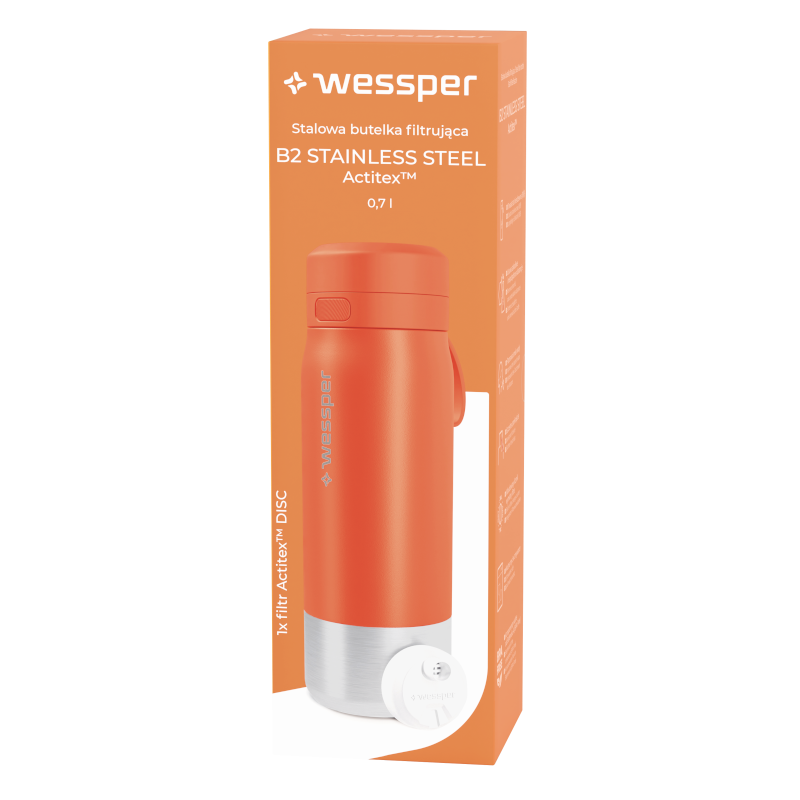 Butelka filtrująca Wessper B2 Stainless Steel Actitex™ 0,7 l – pomarańczowa