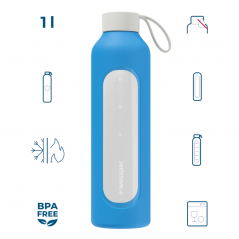 Szklana butelka na wodę 1 l Wessper B1 Borosilicate Ocean – szczelna, bez BPA, z miarką