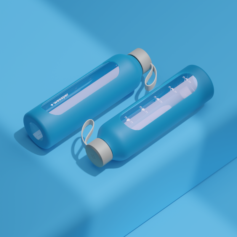 Szklana butelka na wodę 1 l Wessper B1 Borosilicate Ocean – szczelna, bez BPA, z miarką