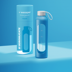 Szklana butelka na wodę 1 l Wessper B1 Borosilicate Ocean – szczelna, bez BPA, z miarką