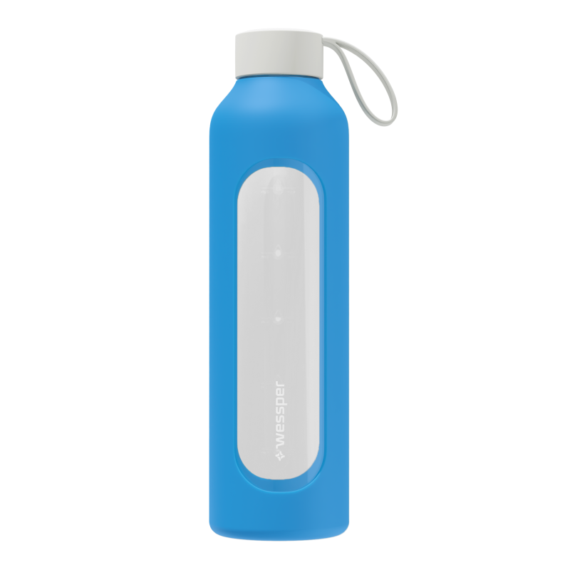 Szklana butelka na wodę 1 l Wessper B1 Borosilicate Ocean – szczelna, bez BPA, z miarką