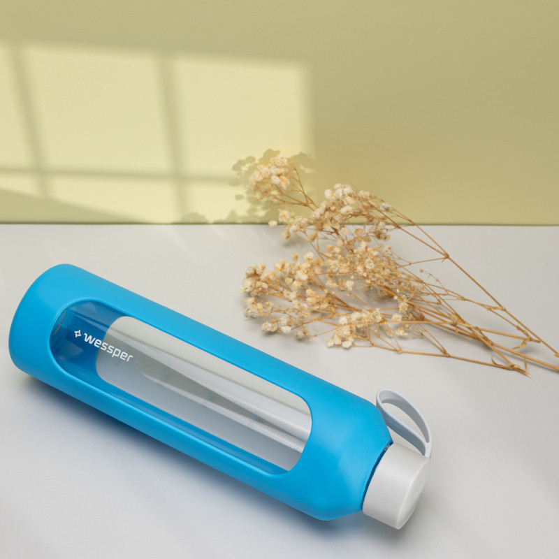 Szklana butelka na wodę 1 l Wessper B1 Borosilicate Ocean – szczelna, bez BPA, z miarką
