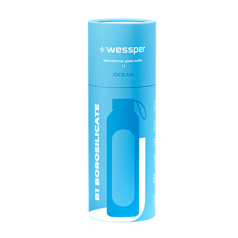 Szklana butelka na wodę 1 l Wessper B1 Borosilicate Ocean – szczelna, bez BPA, z miarką