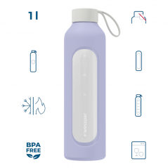 Szklana butelka na wodę 1 l Wessper B1 Borosilicate Lavender  – szczelna, bez BPA, z miarką
