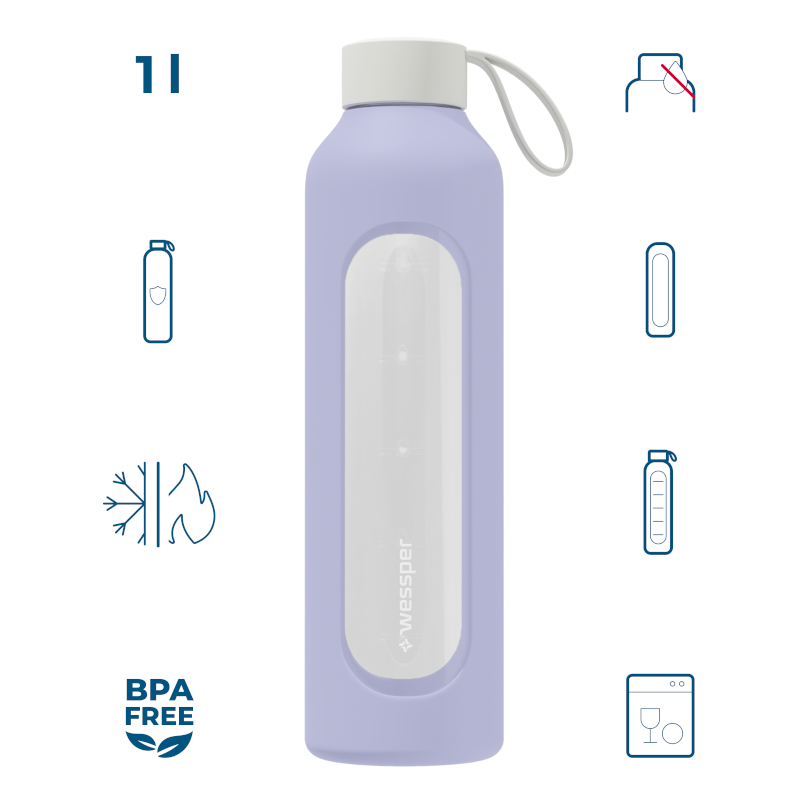 Szklana butelka na wodę 1 l Wessper B1 Borosilicate Lavender  – szczelna, bez BPA, z miarką