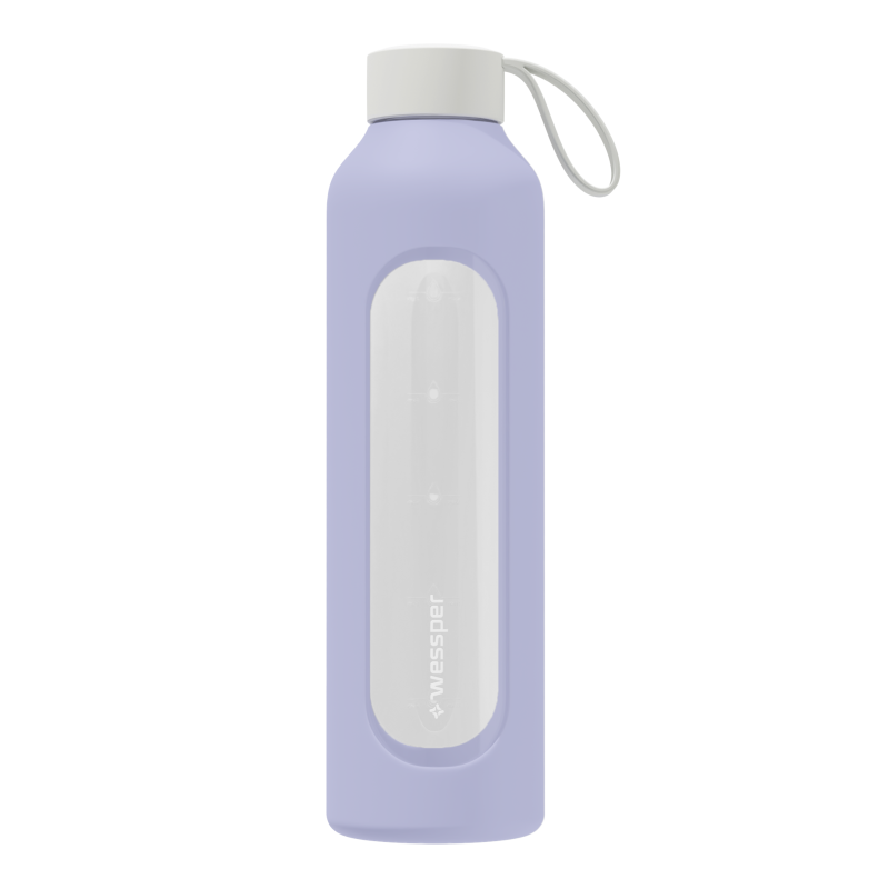 Szklana butelka na wodę 1 l Wessper B1 Borosilicate Lavender  – szczelna, bez BPA, z miarką