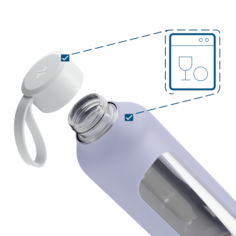Szklana butelka na wodę 1 l Wessper B1 Borosilicate Lavender  – szczelna, bez BPA, z miarką