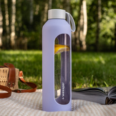 Szklana butelka na wodę 1 l Wessper B1 Borosilicate Lavender  – szczelna, bez BPA, z miarką