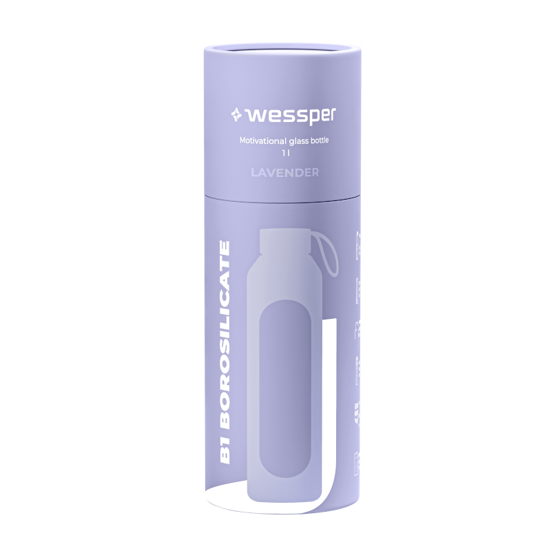 Szklana butelka na wodę 1 l Wessper B1 Borosilicate Lavender  – szczelna, bez BPA, z miarką