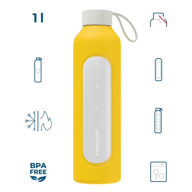 Szklana butelka na wodę 1 l Wessper B1 Borosilicate Sun – szczelna, bez BPA, z miarką Szklana butelka na wodę 1 l Wessper B1 Borosilicate Sun – szczelna, bez BPA, z miarką