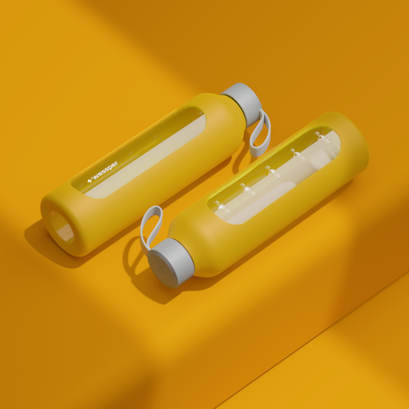 Szklana butelka na wodę 1 l Wessper B1 Borosilicate Sun – szczelna, bez BPA, z miarką Szklana butelka na wodę 1 l Wessper B1 Borosilicate Sun – szczelna, bez BPA, z miarką