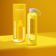 Szklana butelka na wodę 1 l Wessper B1 Borosilicate Sun – szczelna, bez BPA, z miarką