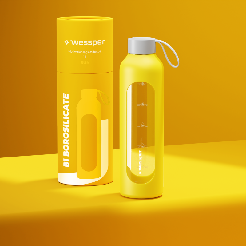 Szklana butelka na wodę 1 l Wessper B1 Borosilicate Sun – szczelna, bez BPA, z miarką Szklana butelka na wodę 1 l Wessper B1 Borosilicate Sun – szczelna, bez BPA, z miarką