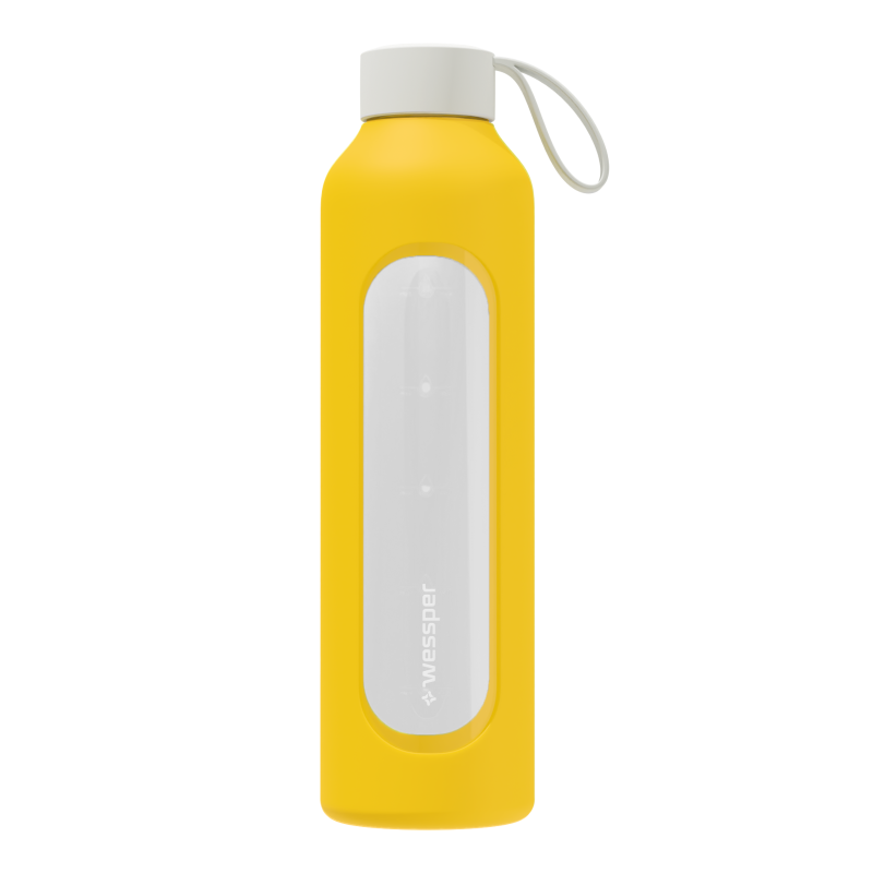Szklana butelka na wodę 1 l Wessper B1 Borosilicate Sun – szczelna, bez BPA, z miarką