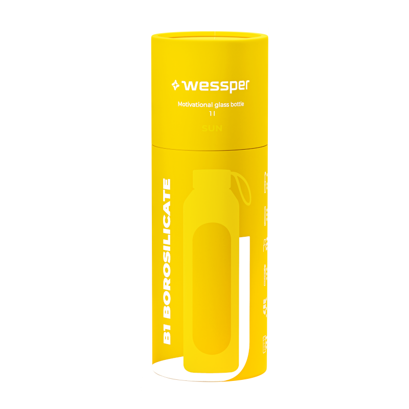 Szklana butelka na wodę 1 l Wessper B1 Borosilicate Sun – szczelna, bez BPA, z miarką Szklana butelka na wodę 1 l Wessper B1 Borosilicate Sun – szczelna, bez BPA, z miarką