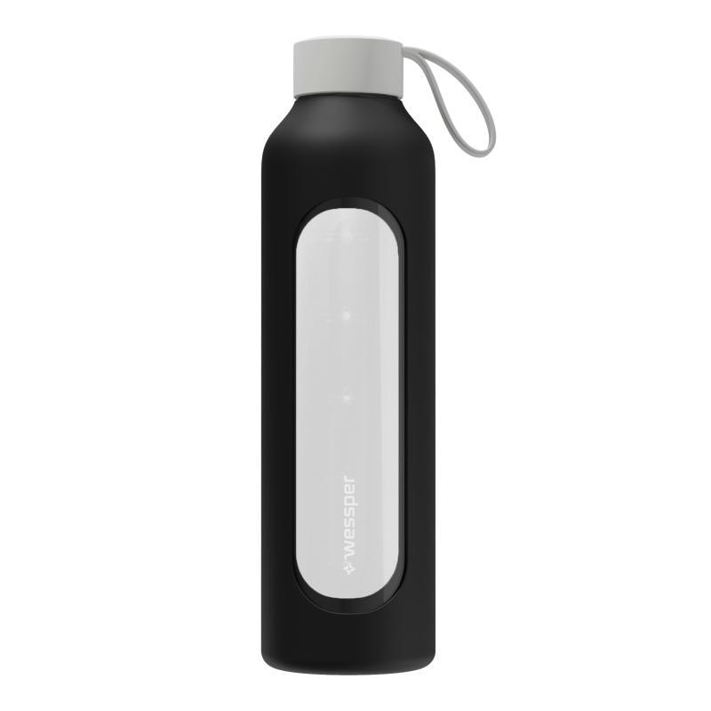 Szklana butelka na wodę 1 l Wessper B1 Borosilicate Black – szczelna, bez BPA, z miarką