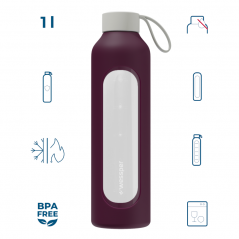Szklana butelka na wodę 1 l Wessper B1 Borosilicate Ruby – szczelna, bez BPA, z miarką
