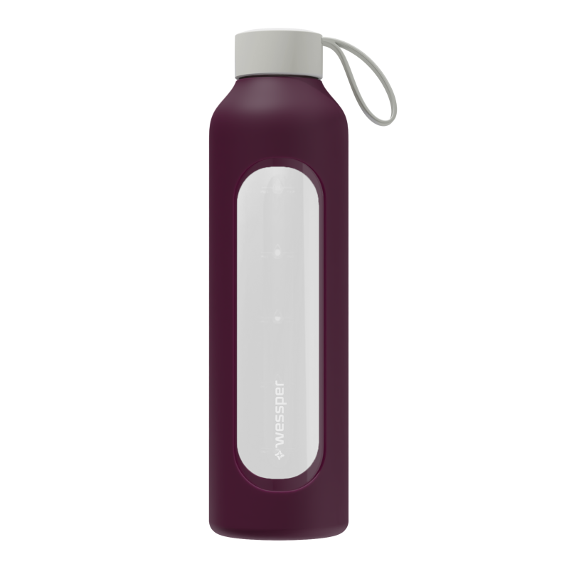 Szklana butelka na wodę 1 l Wessper B1 Borosilicate Ruby – szczelna, bez BPA, z miarką