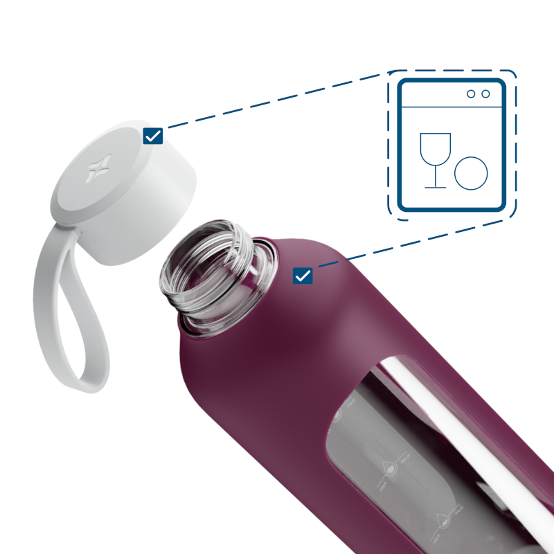 Szklana butelka na wodę 1 l Wessper B1 Borosilicate w zestawie z etui silikonowym Ruby – szczelna, bez BPA, z miarką Szklana butelka na wodę 1 l Wessper B1 Borosilicate w zestawie z etui silikonowym Ruby – szczelna, bez BPA, z miarką