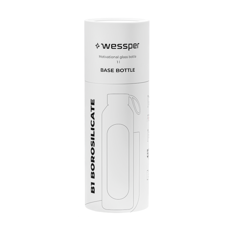 Szklana butelka na wodę 1 l Wessper B1 Borosilicate w zestawie z etui silikonowym Ruby – szczelna, bez BPA, z miarką Szklana butelka na wodę 1 l Wessper B1 Borosilicate w zestawie z etui silikonowym Ruby – szczelna, bez BPA, z miarką