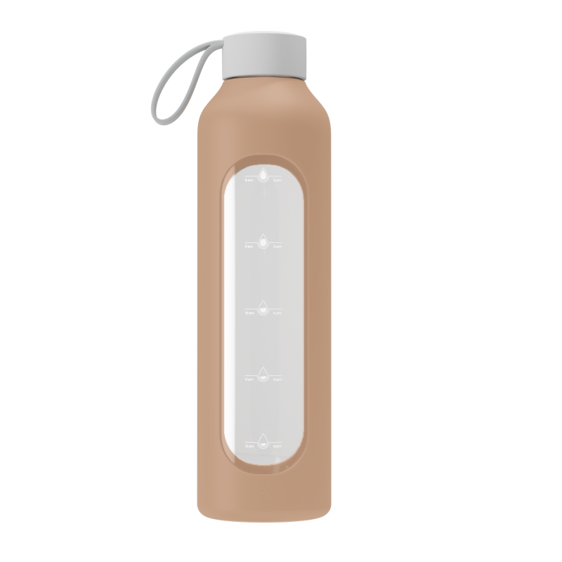 Szklana butelka na wodę 1 l Wessper B1 Borosilicate w zestawie z etui silikonowym Beige – szczelna, bez BPA, z miarką