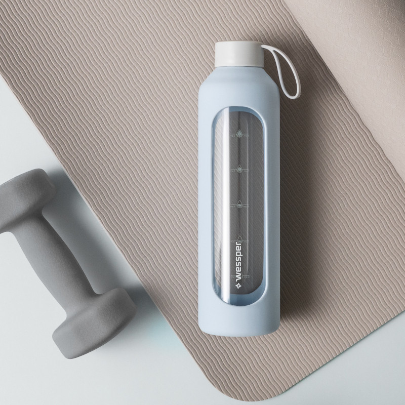 Szklana butelka na wodę 1 l Wessper B1 Borosilicate Ice Blue – szczelna, bez BPA, z miarką