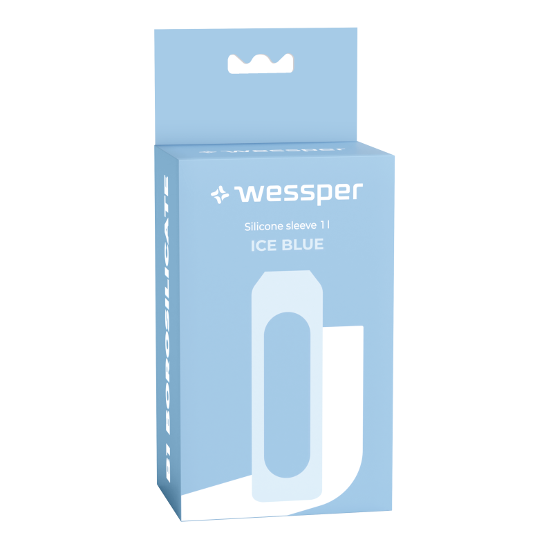 Szklana butelka na wodę 1 l Wessper B1 Borosilicate Ice Blue – szczelna, bez BPA, z miarką