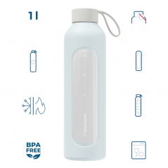 Szklana butelka na wodę 1 l Wessper B1 Borosilicate Ice Blue – szczelna, bez BPA, z miarką