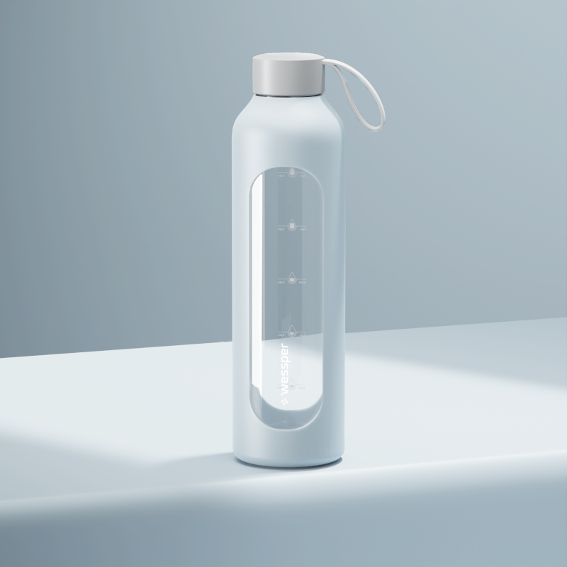 Szklana butelka na wodę 1 l Wessper B1 Borosilicate Ice Blue – szczelna, bez BPA, z miarką