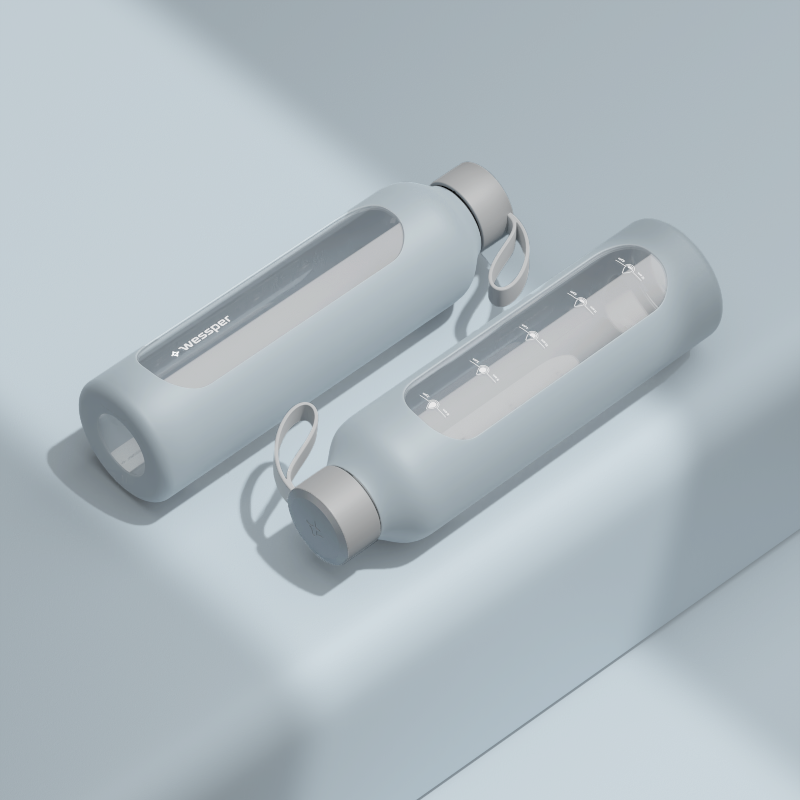 Szklana butelka na wodę 1 l Wessper B1 Borosilicate Ice Blue – szczelna, bez BPA, z miarką