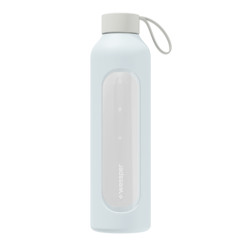 Szklana butelka na wodę 1 l Wessper B1 Borosilicate Ice Blue – szczelna, bez BPA, z miarką