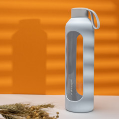 Szklana butelka na wodę 1 l Wessper B1 Borosilicate Ice Blue – szczelna, bez BPA, z miarką