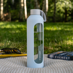 Szklana butelka na wodę 1 l Wessper B1 Borosilicate Ice Blue – szczelna, bez BPA, z miarką