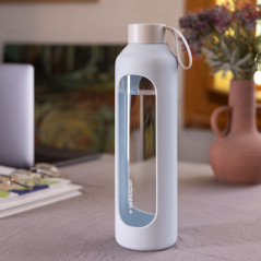 Szklana butelka na wodę 1 l Wessper B1 Borosilicate Ice Blue – szczelna, bez BPA, z miarką