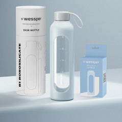 Szklana butelka na wodę 1 l Wessper B1 Borosilicate Ice Blue – szczelna, bez BPA, z miarką