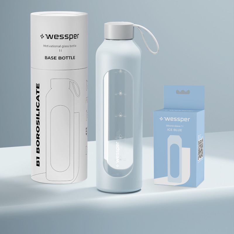 Szklana butelka na wodę 1 l Wessper B1 Borosilicate Ice Blue – szczelna, bez BPA, z miarką