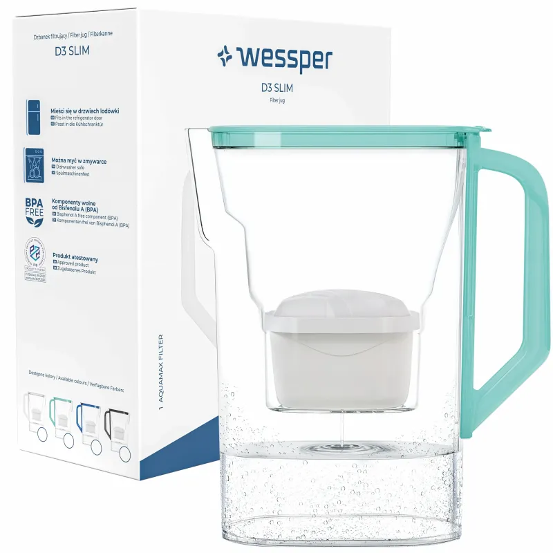 Dzbanek filtrujący Wessper D3 Slim Aquamax 2,7 l miętowy z filtrem Aquamax Standard