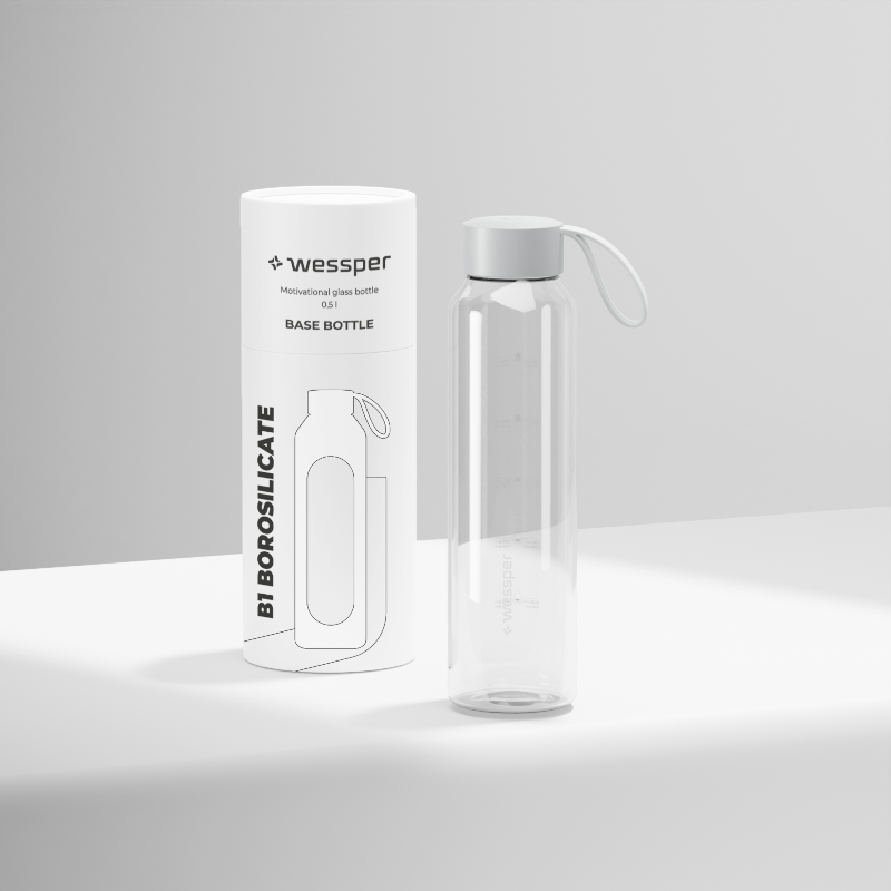 Szklana butelka na wodę 0,5 l Wessper B1 Borosilicate – szczelna, bez BPA, z miarką Szklana butelka na wodę 0,5 l Wessper B1 Borosilicate – szczelna, bez BPA, z miarką