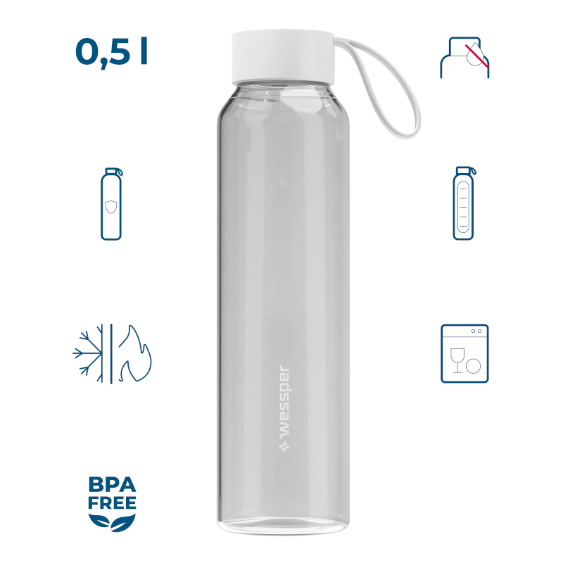 Szklana butelka na wodę 0,5 l Wessper B1 Borosilicate – szczelna, bez BPA, z miarką Szklana butelka na wodę 0,5 l Wessper B1 Borosilicate – szczelna, bez BPA, z miarką
