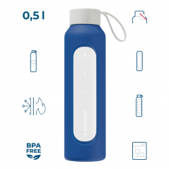 Szklana butelka na wodę 0,5 l Wessper B1 Borosilicate Navy blue – szczelna, bez BPA, z miarką