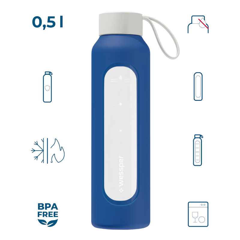 Szklana butelka na wodę 0,5 l Wessper B1 Borosilicate Navy Blue – szczelna, bez BPA, z miarką Szklana butelka na wodę 0,5 l Wessper B1 Borosilicate Navy Blue – szczelna, bez BPA, z miarką