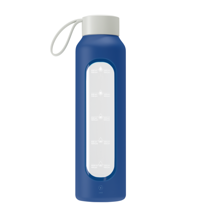 Szklana butelka na wodę 0,5 l Wessper B1 Borosilicate Navy Blue – szczelna, bez BPA, z miarką