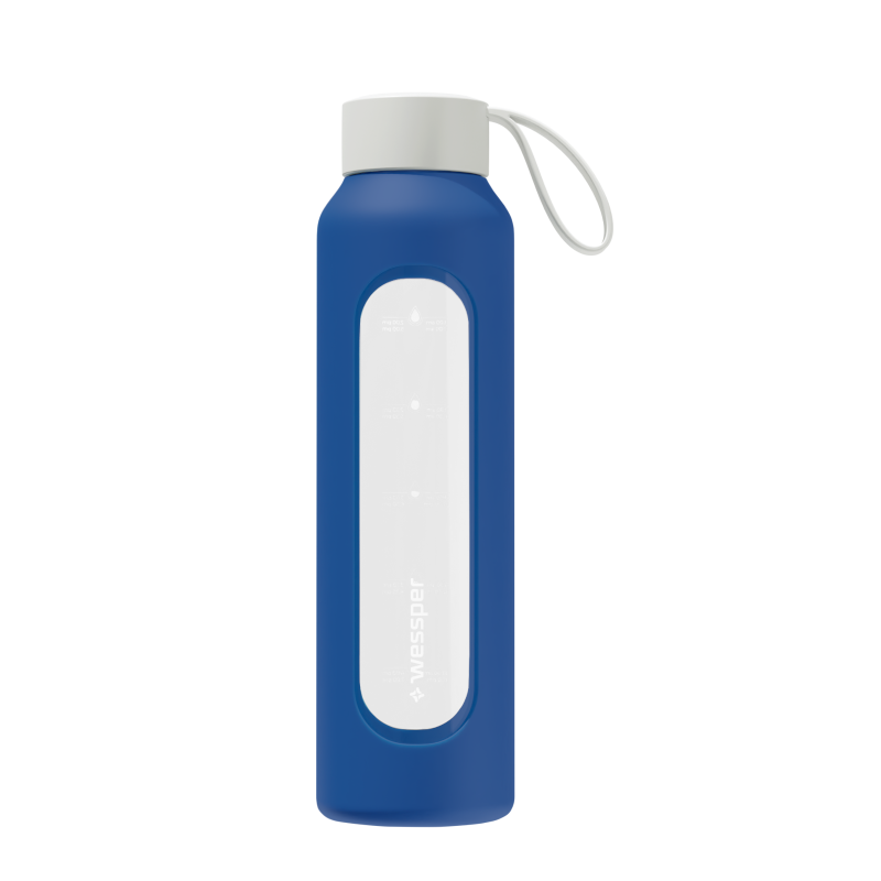 Szklana butelka na wodę 0,5 l Wessper B1 Borosilicate Navy blue – szczelna, bez BPA, z miarką