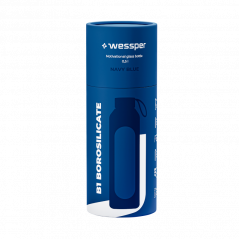 Szklana butelka na wodę 0,5 l Wessper B1 Borosilicate Navy blue – szczelna, bez BPA, z miarką