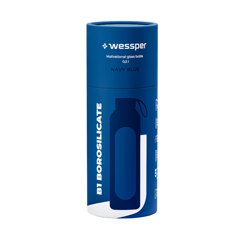 Szklana butelka na wodę 0,5 l Wessper B1 Borosilicate Navy Blue – szczelna, bez BPA, z miarką Szklana butelka na wodę 0,5 l Wessper B1 Borosilicate Navy Blue – szczelna, bez BPA, z miarką
