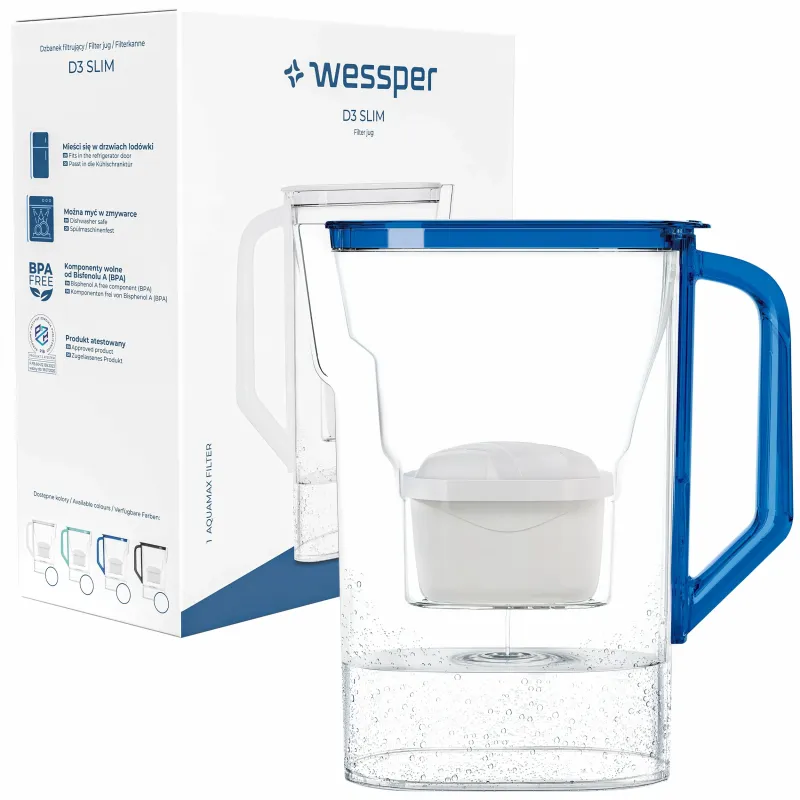 Dzbanek filtrujący Wessper D3 Slim Aquamax 2,7 l niebieski z filtrem Aquamax Standard