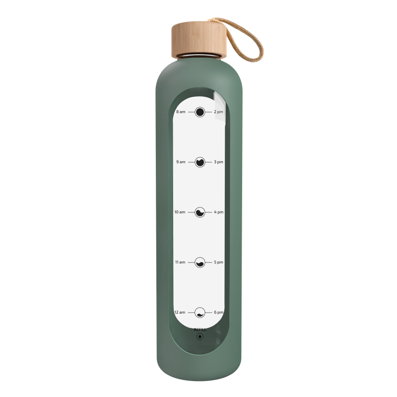 Szklana butelka motywacyjna Aquafloow MotivateGlass z zielonym etui 1000 ml