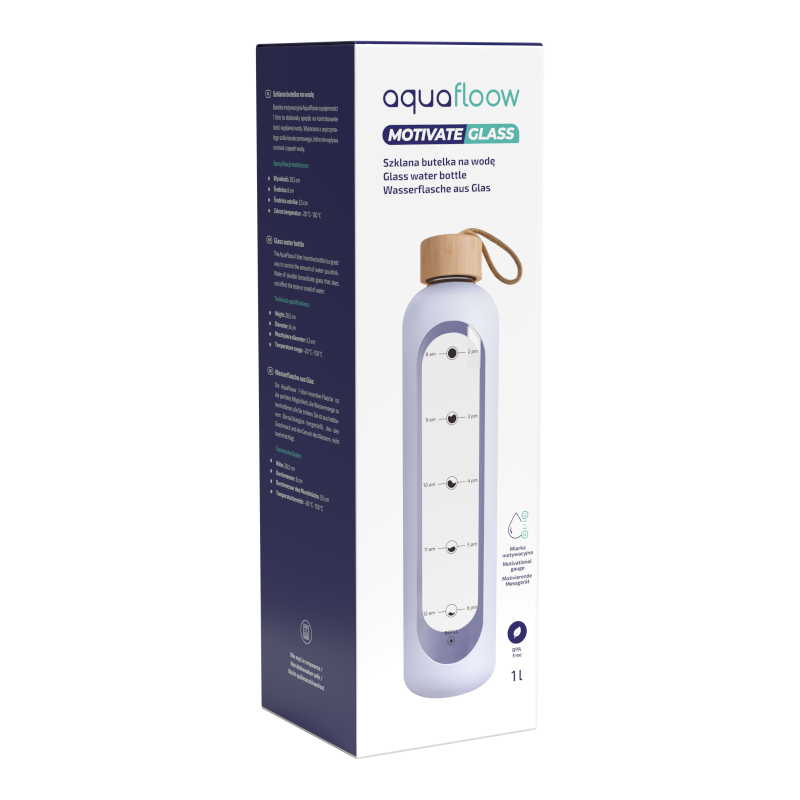 Szklana butelka motywacyjna Aquafloow MotivateGlass z fioletowym etui 1000 ml Szklana butelka motywacyjna Aquafloow MotivateGlass z fioletowym etui 1000 ml
